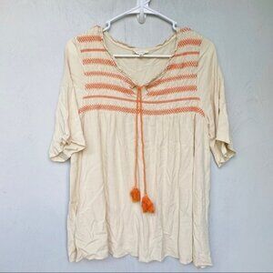 Anthropologie Easel Tan & Orange Embroidered Tassel Tunic Top